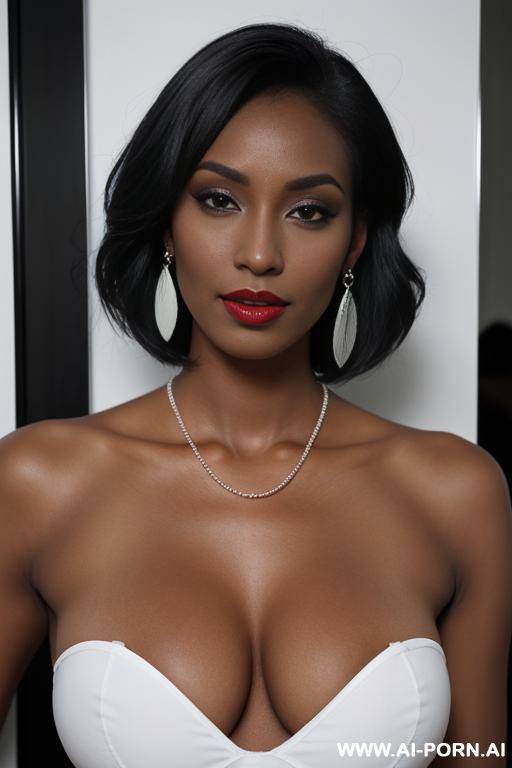 1woman, solo, elry, black_hair, necklace, dark_skin, dark-skinned_female, realistic, earrings, armpits, short_hair, makeup, lipstick, arm_up, strapless, upper_body, dress, red_lips, lips - #main