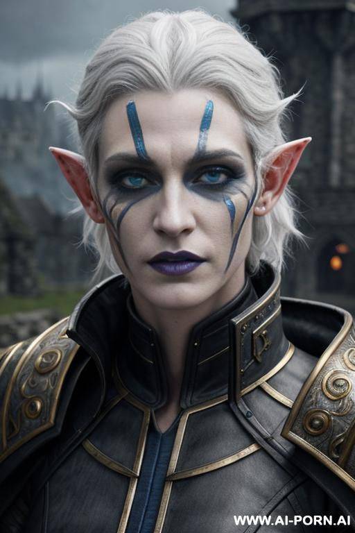 fantasy portrait of a ash-grey skinned elf, masculine, androgynous, sorecerer, artificer, cracked face, black facial scars, blue eyes, sharp features, sad expression, fangs, , glowing white curly hair, rainy castle background, ultra detailed - #main