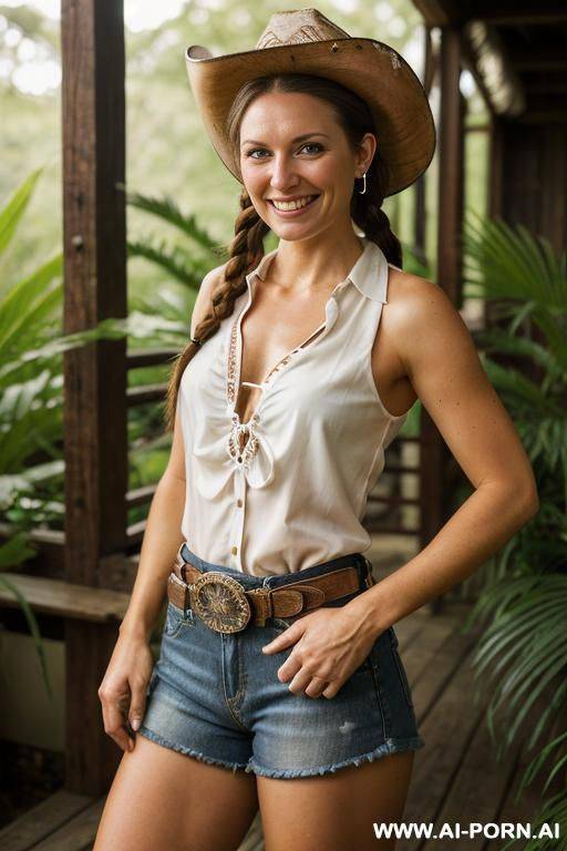 highest possible quality photo of a gorgeous texas country woman wearing cut-off shorts and a shirt knotted in front. she is standing in a jungle, she is hatless. - #main