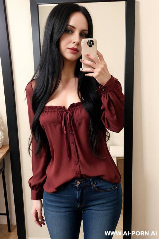 woman long dark hair red fat blouse jeans selfie photo in the mirror - #main