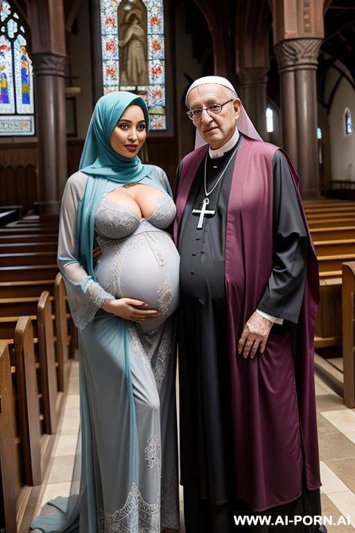 pregnant curvy arabic busty wearing hijab and colored lingerie standing beside old priest in church - #main