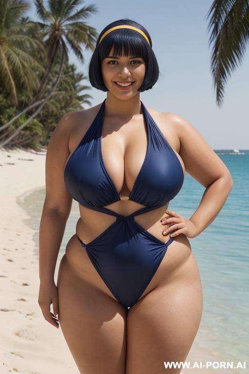 egyptian queen wearing darkblue swimsuit, (bobcut hairstyle), (((massive huge breasts))), full body view, photorealistic, ((chubby woman)), ((wide hips)), beach, smiling, (hairband), (showing armpit) - #main