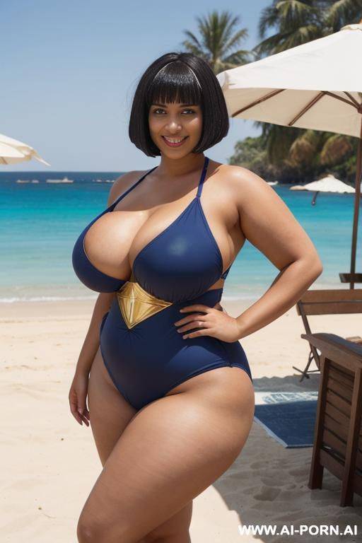 egyptian queen wearing darkblue fullbody swimsuit, (bobcut hairstyle), (((massive huge breasts))), full body view, photorealistic, ((chubby woman)), ((wide hips)), beach, smiling, (showing armpit), ((huge butt)) - #main