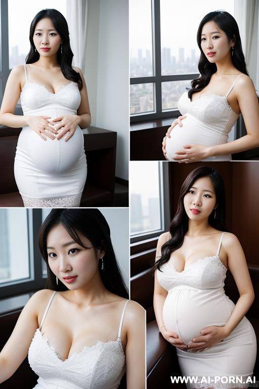 two korean women, pregnant, ((detailed faces)), wearing white dresses, posing in a penthouse - #main