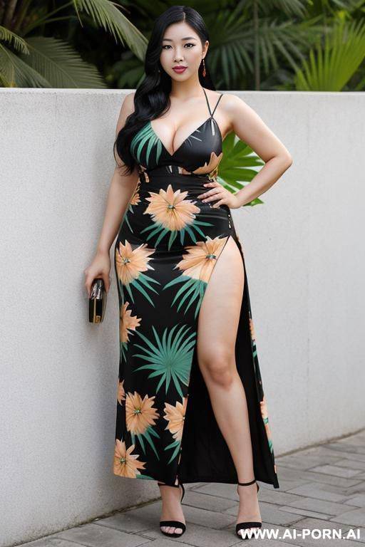 east asian woman, (detailed face), (massive wide hips), black hair, wearing a long tropical dress, wearing high heels, posing outdoors. - #main