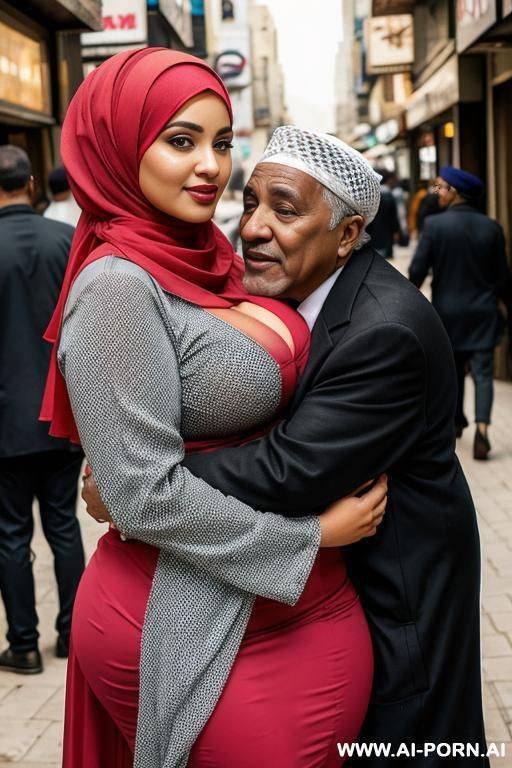 curvy arabic busty wearing hijab and fishnet hugged from black grandpa in crowded street - #main