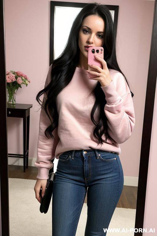 woman long dark hair jeans pink sweatshirt selfie photo in the mirror - #main