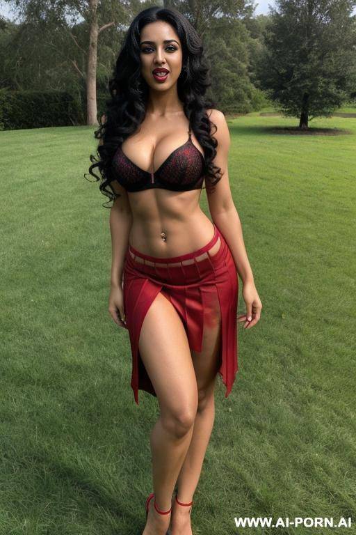 indian, long curly hair, fit, abs, muscle, navel piercing, red bra, red pleat skirt, looking at camera, tall, stiletto, full body, standing on grass, open mouth - #main