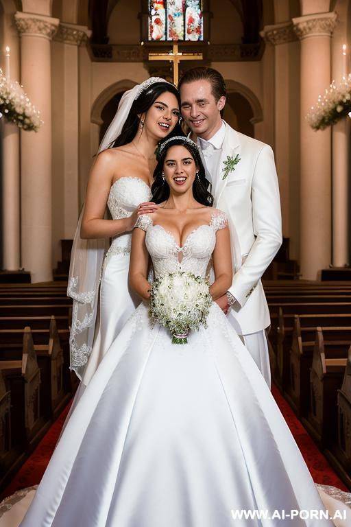 ((douglas and regina)), ((hyper realistic)), ((portrait couple)), ((blessed weddind)), ((dazzling bride with handsome groom)), ((shiny wonderful dress with gigantic cleavage)), ((teardrop tits)), ((big - #main