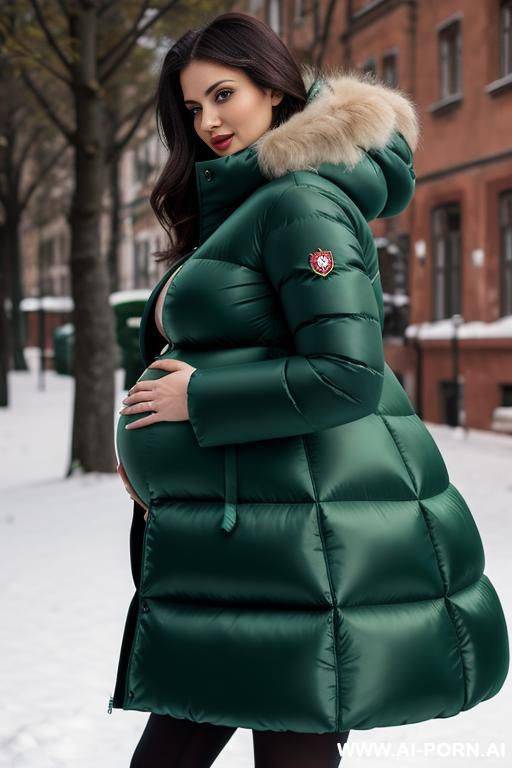 a pregnant hungarian woman 20 years old, big breasts, rounded, gigantic green puffer coat - #main