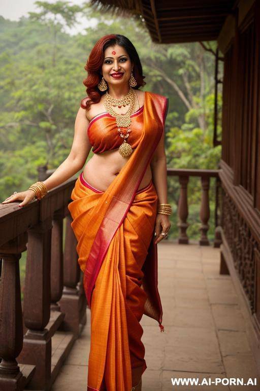 rich, elegant, old milf, red hair, high heels, earrings, bracelet, necklace, natural body, make-up, lipstick, dirty, seductive face, horny, wide shot, sari, indian dress, bra, blouse, full outfit, - #main