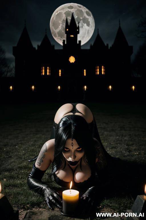 massive boobs, goth woman, hot, horny, black gothic outfit, half naked, crawling on all fours, spooky castle, moon light, candles - #main