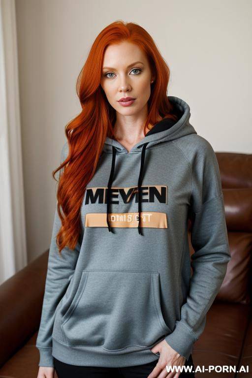 mussed long ginger hair, hoodie, living room - #main