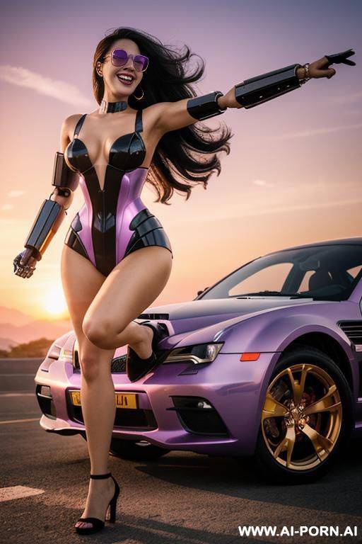 the image features a robot with sunglasses, set against a pink and purple sky, giving off a of futur technology. - #main