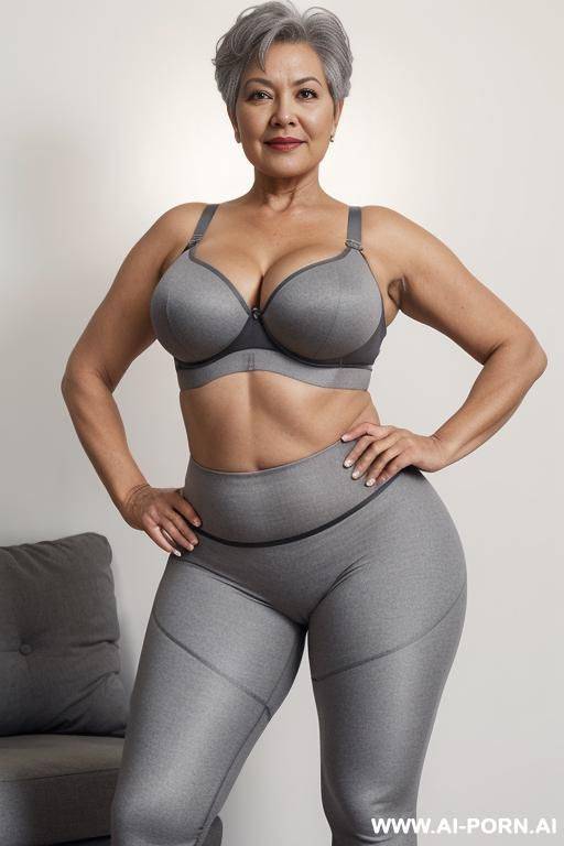 0-year-old grandmother, short gray hair, visible age marks, triangle hips, thick thighs, wearing gray legging and bra, hands on hips, legs open - #main