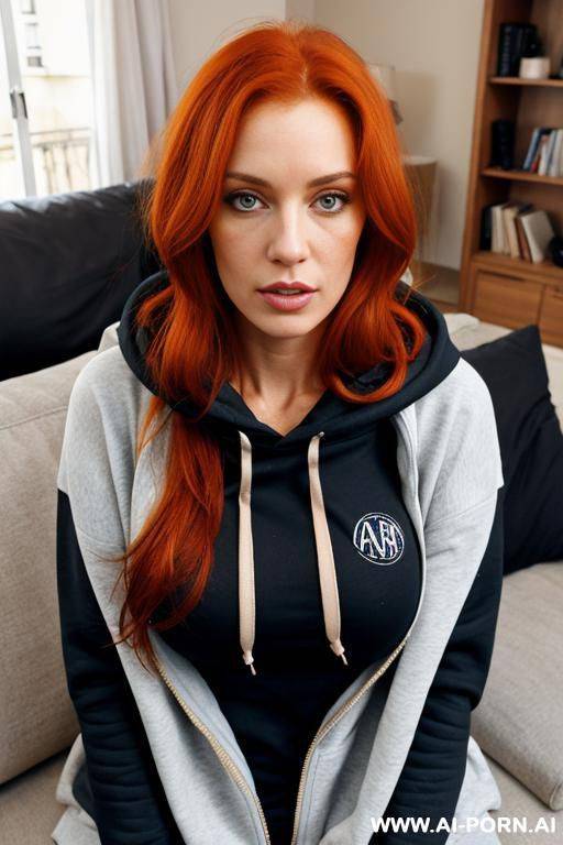 french woman, messy and mussed long ginger hair, massive breasts, hoodie, living room - #main