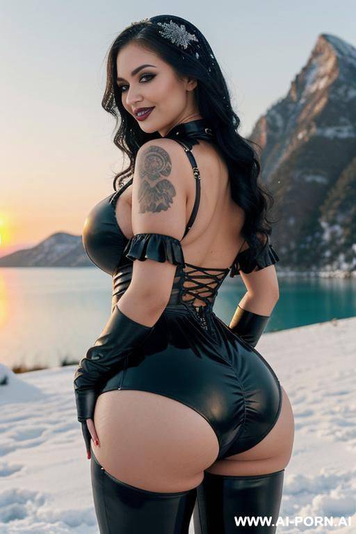 beautiful woman, american, ebony, brunette, mid 20s, long hair, black leather pants, natural boobs, body, big hips, smiling, mediterranean city and sea in background, (((snow mountain lake at - #main