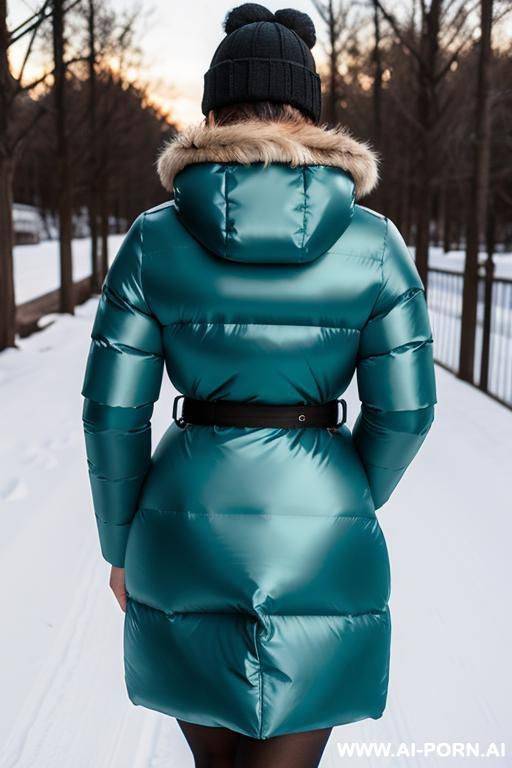 suburb mom with gigantic ass wearing gigantic puffer coat, viewed from the back, looking back into camera - #main