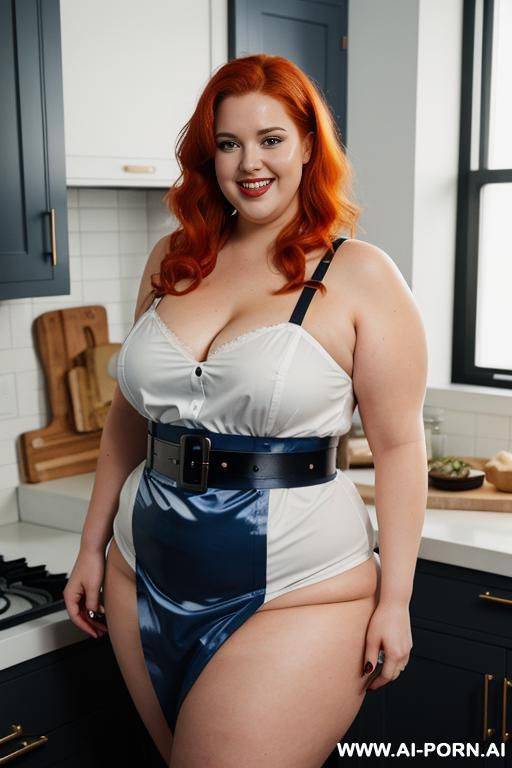 full body photo shot, about at kitchen, so fat bbw curvy chef, wearing a sexy and hot blue gartert belt lingeries, she is eating. - #main