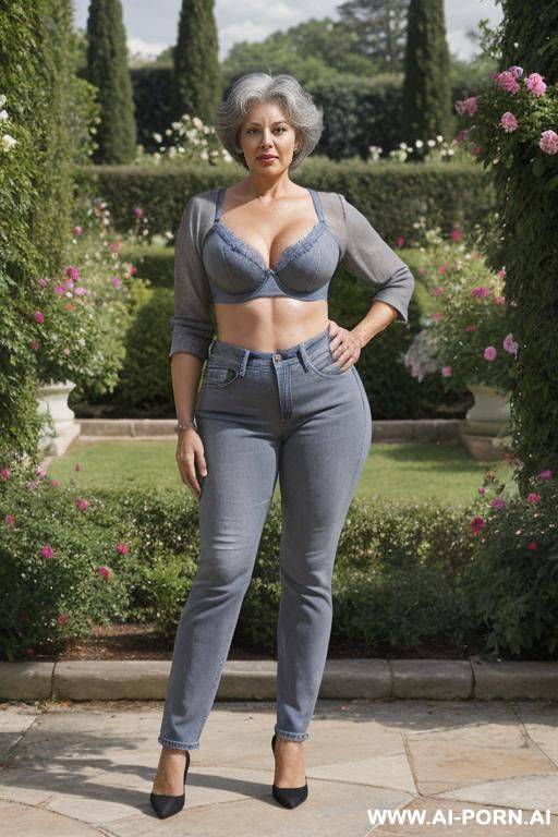 0-year-old grandmother, short gray hair, visible age marks, triangle hips, thick thighs, wearing blue jeans and bra, hands on hips, rose garden - #main