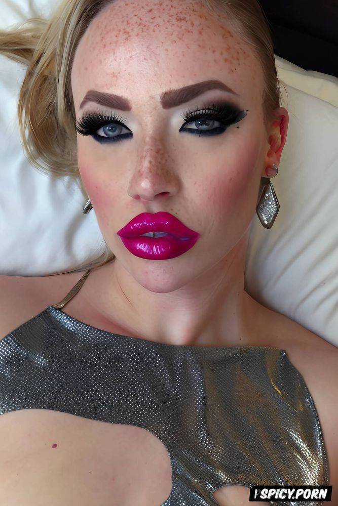 freckles, thick overlined lip liner, duck lips, sperm on face - #main