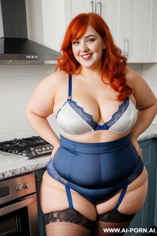 full body photo shot, about at kitchen, fat bbw curvy chef, wearing a sexy and hot blue lace stocking lingeries, she is eating - #main