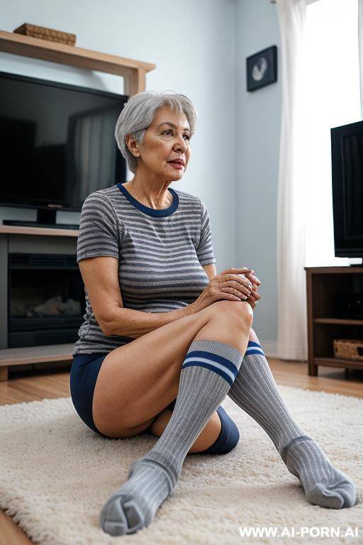 0-year-old grandmother, full body, very visible age marks, short gray hair, wearing a blue and black striped t-shirt, wearing lace panties, wearing long socks, living room in front of the television watching football sitting on the floor - #main