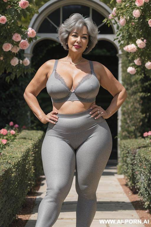 0-year-old grandmother, short gray hair, visible age marks, triangle hips, thick thighs, wearing gray legging and bra, hands on hips, legs open, rose garden - #main