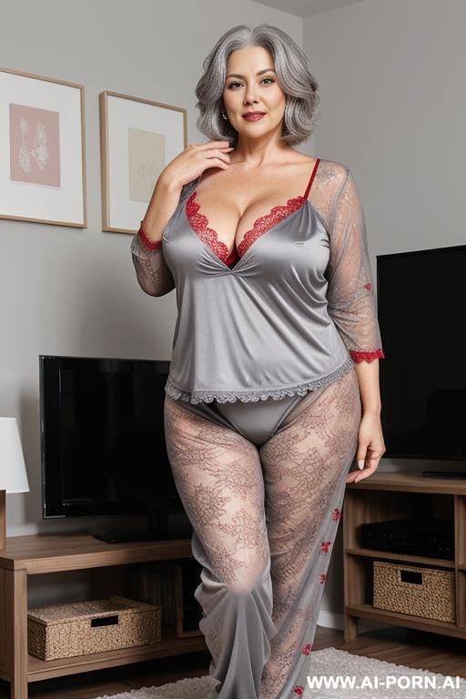 0-year-old grandmother, full body, standing, very visible age marks, short gray hair, triangle hips, thick thighs, wearing short red doll pajamas, large cleavage, wearing gray lace panties, living room in front the television - #main