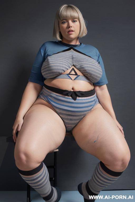 (((chubby woman))), (((blonde hair with bangs))), (((short gray hair))), (((very visible age marks))), (((triangle hips))), (((thick thighs))), (((blue t-shirt with black vertical stripes))), (((blue - #main