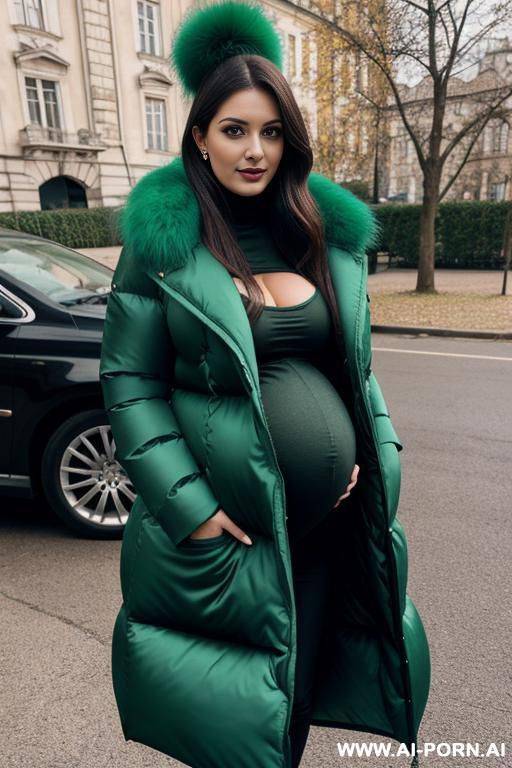 a pretty pregnant hungarian woman 20 years old, gigantic breasts, rounded, gigantic green puffer coat - #main