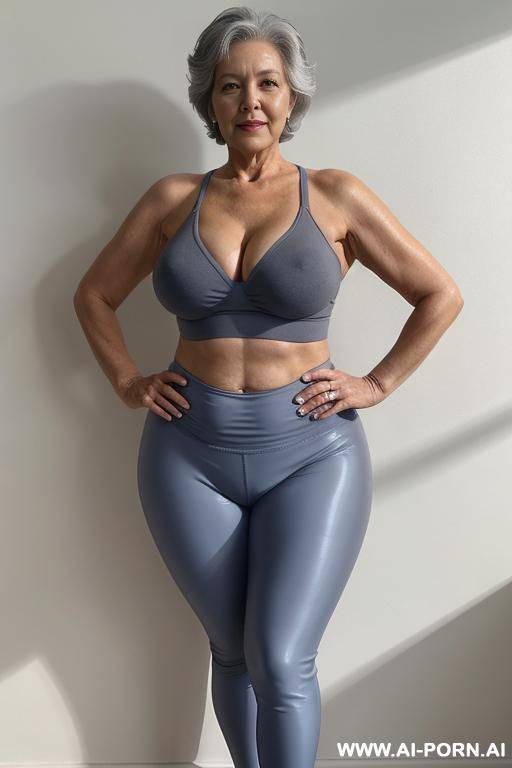 0 year old grandmother, full body, standing, short gray hair, very visible age marks, large natural breasts, triangle hips, thick thighs, wearing blue leggings, topless, hands on her waist - #main