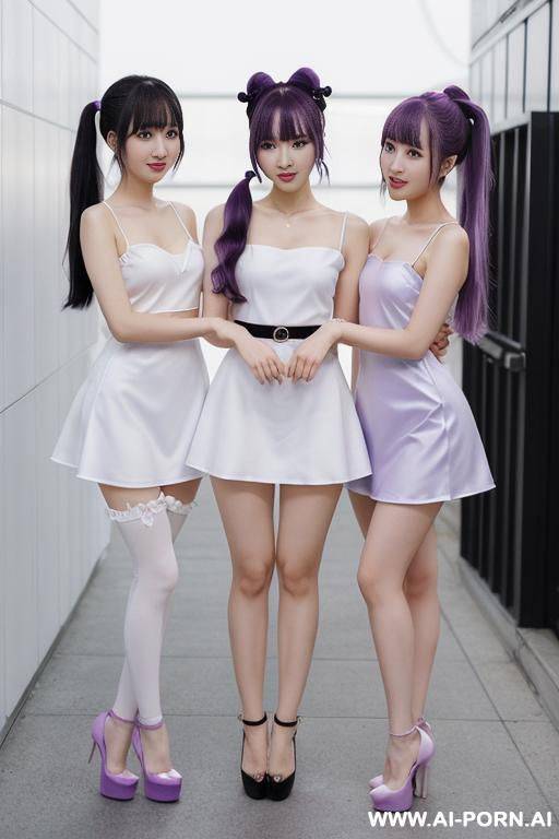 white tight dress, 3 woman, touching each other - #main