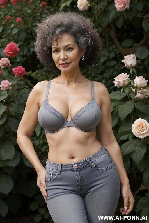 front view, 0-year-old grandmother, short gray hair, visible age marks, triangle hips, thick thighs, wearing blue jeans and bra, hands on hips, rose garden - #main