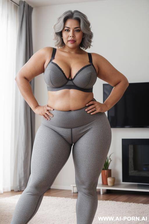 0-year-old chubby grandmother, short gray hair, very visible age marks, full body, standing, triangle hips, thick thighs, hands on hips, wearing gray leggings and bra, living room in front of the television, legs open - #main