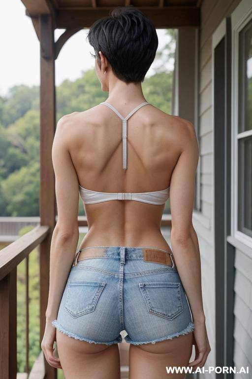 slender, pixie cut, defined abs, ((((huge breasts)))), jean shorts, topless, on a porch. round clear glasses - #main