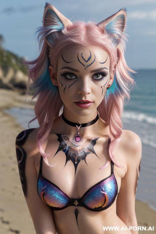 face, sexy, beautiful, ((evil woman)), ((face painting)), ((body painting)), ((bikini as seashell)), ((fantasy bikini)), ((roses)), ((eyes shw)), ((angel wings)), ((choker)), ((rainbow hair)), (( makeup)), - #main