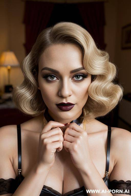 black lipstick, masculine woman, , heavy eye make up, , gold white leather garter belt, red leather stockings, black leather bodysuit , gold key necklace - #main
