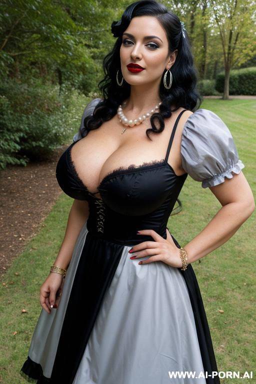 tradwife, (((massive tits))), garden, heavy pearl necklace, bracelets, hourglass figure, dark red lips, hoop earrings, much makeup, - #main