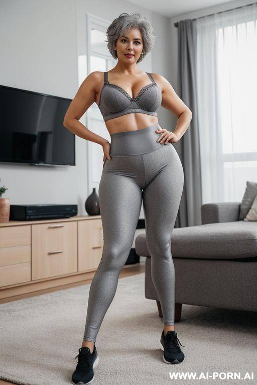 0-year-old grandmother, short gray hair, clearly visible age marks, triangular hips, thick thighs, full body, standing, wearing gray leggings and bra, living room in front of the television - #main