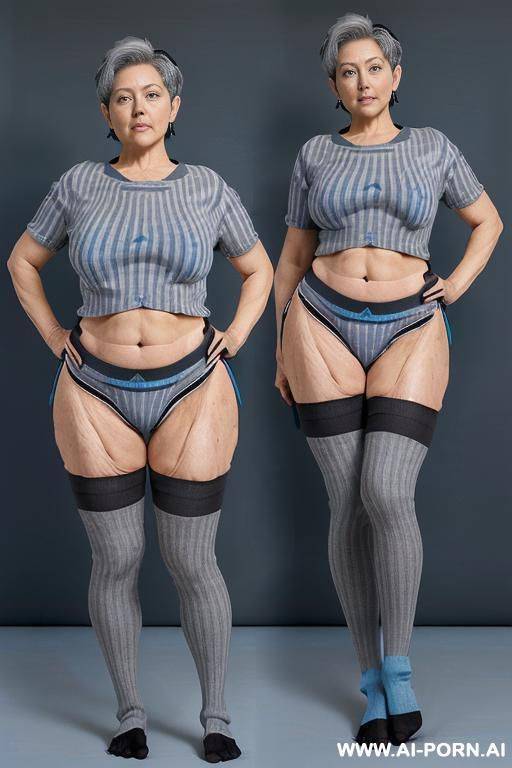 (((0 year old grandmother))), (((short gray hair))), (((very visible age marks))), (((triangular hips))), (((thick thighs))) , (((blue t-shirt with black vertical stripes))), (((blue panties))), (((long - #main