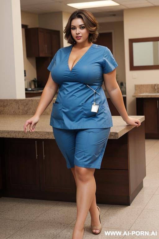 fat, very beautiful woman, light brown hair, short hair, massive tits, tits bigger than head, sexy legs, curvy, wearing scrubs - #main
