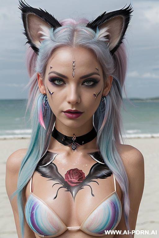 face, sexy, beautiful, ((evil woman)), ((face painting)), ((body painting)), ((bikini as seashell)), ((fantasy bikini)), ((roses)), ((eyes shw)), ((angel wings)), ((choker)), ((rainbow hair)), (( makeup)), - #main