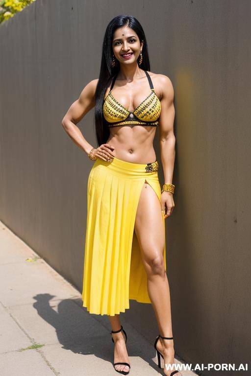 indian, 30 years, abs, muscular arms, black hair, long straight hair, yellow noodle bra, yellow skirt, navel piercing, smile, looking at camera, standing sideways, heels, full view - #main