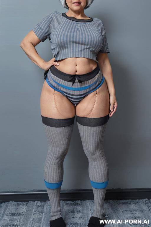 (((0 year old grandmother))), (((short gray hair))), (((very visible age marks))), (((triangular hips))), (((thick thighs))) , (((blue t-shirt with black vertical stripes))), (((blue panties))), (((long - #main