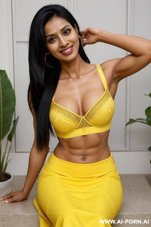 indian, 30 years, abs, muscular arms, arms up, black hair, long straight hair, yellow noodle bra, yellow skirt, navel piercing, smile, looking at camera, sitting sideways, full view, heels, perfect butt - #main