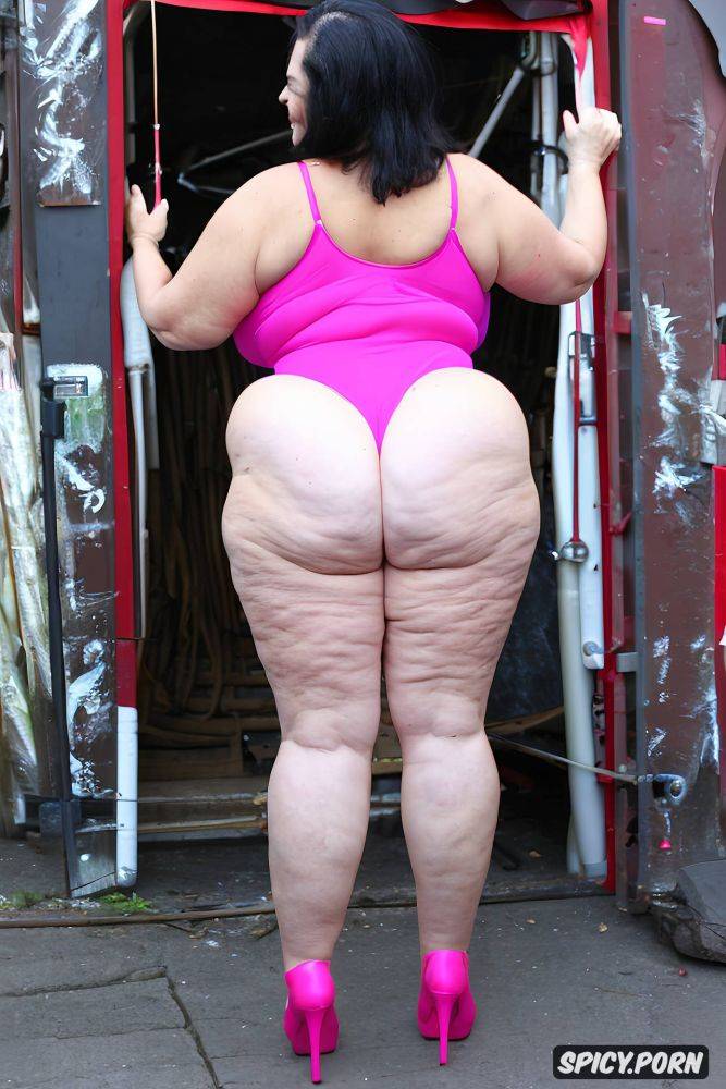 pale skin, very large hips, symmetric, wearing tight light pink vinyl leotard - #main