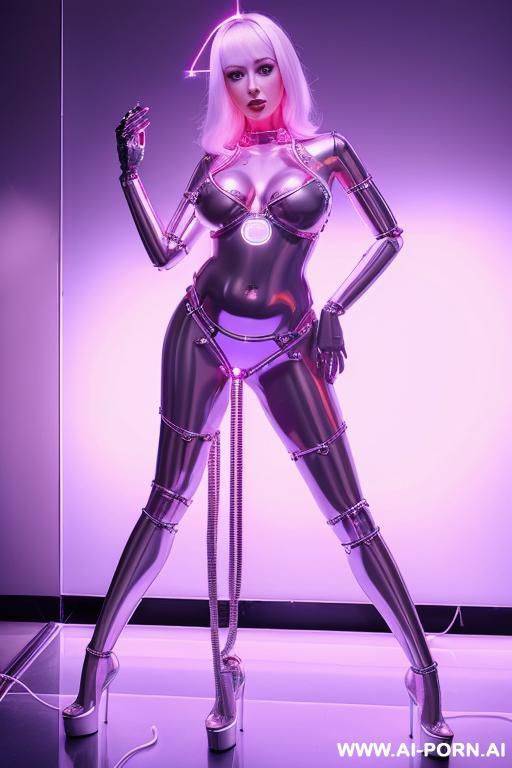 naked blonde robot woman in glassy ultra-high stripper platform stilettos, fully metallic left arm with skin peeled off, skin peeled of on the belly revealing circuits and lights inside the belly, fullbody, standing - #main