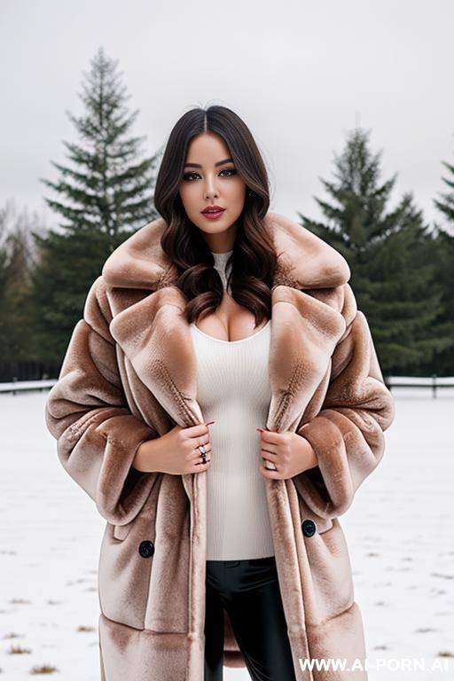 a gorgeous woman covered in els wearing a luxurious rich fluffy luxurious oversized fur coat in the snow, seductive - #main