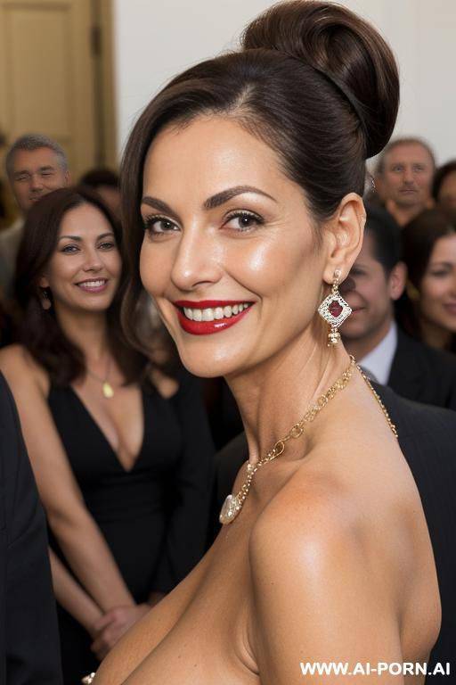 rich, elegant, nude old milf standing at a funeral, high heels, earrings, bracelet, necklace, natural body, make-up, lipstick, scornful grin, crowd around, front view, wide shot, - #main